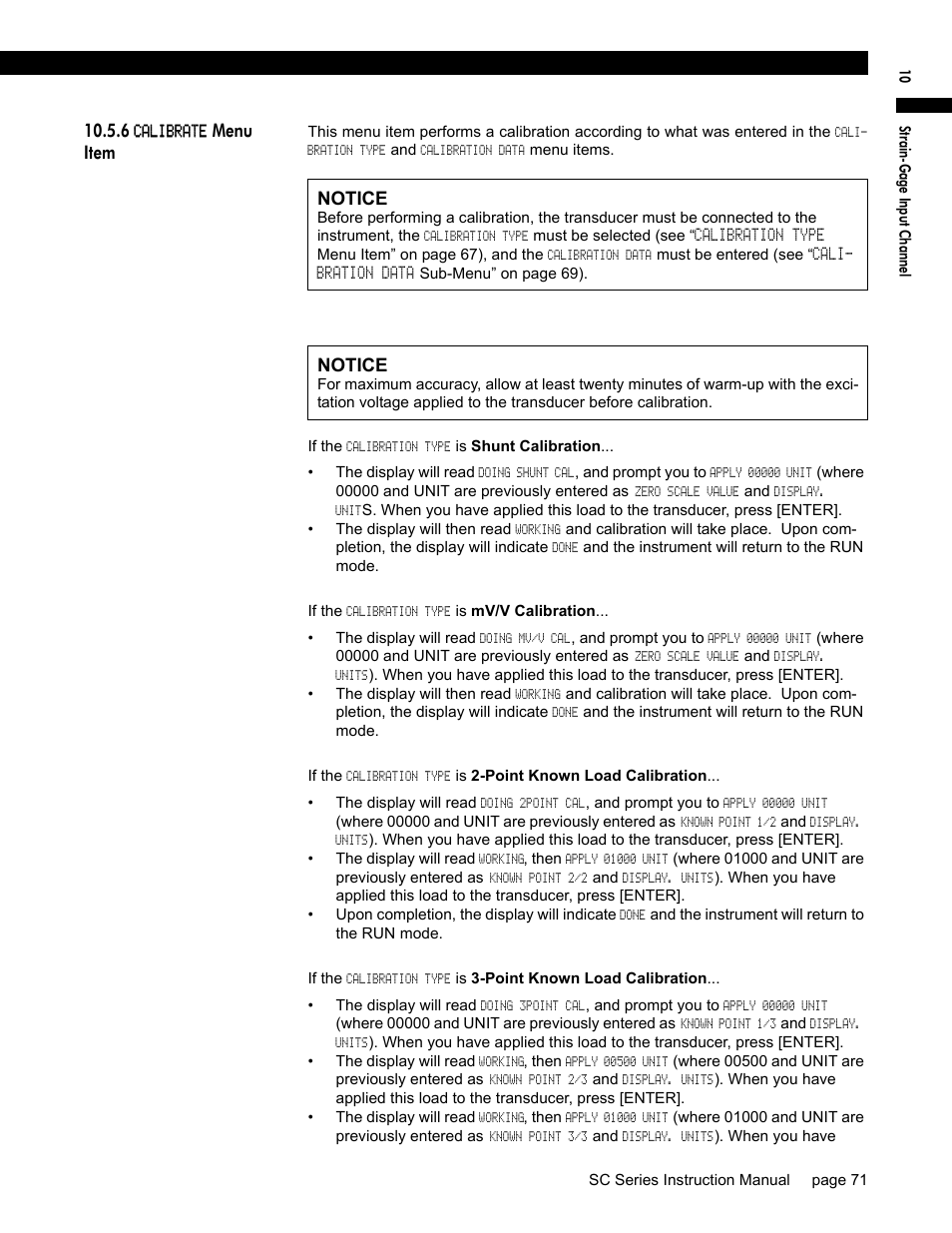 6 calibrate menu item, Menu item, Notice | Honeywell SC1000 User Manual | Page 71 / 174