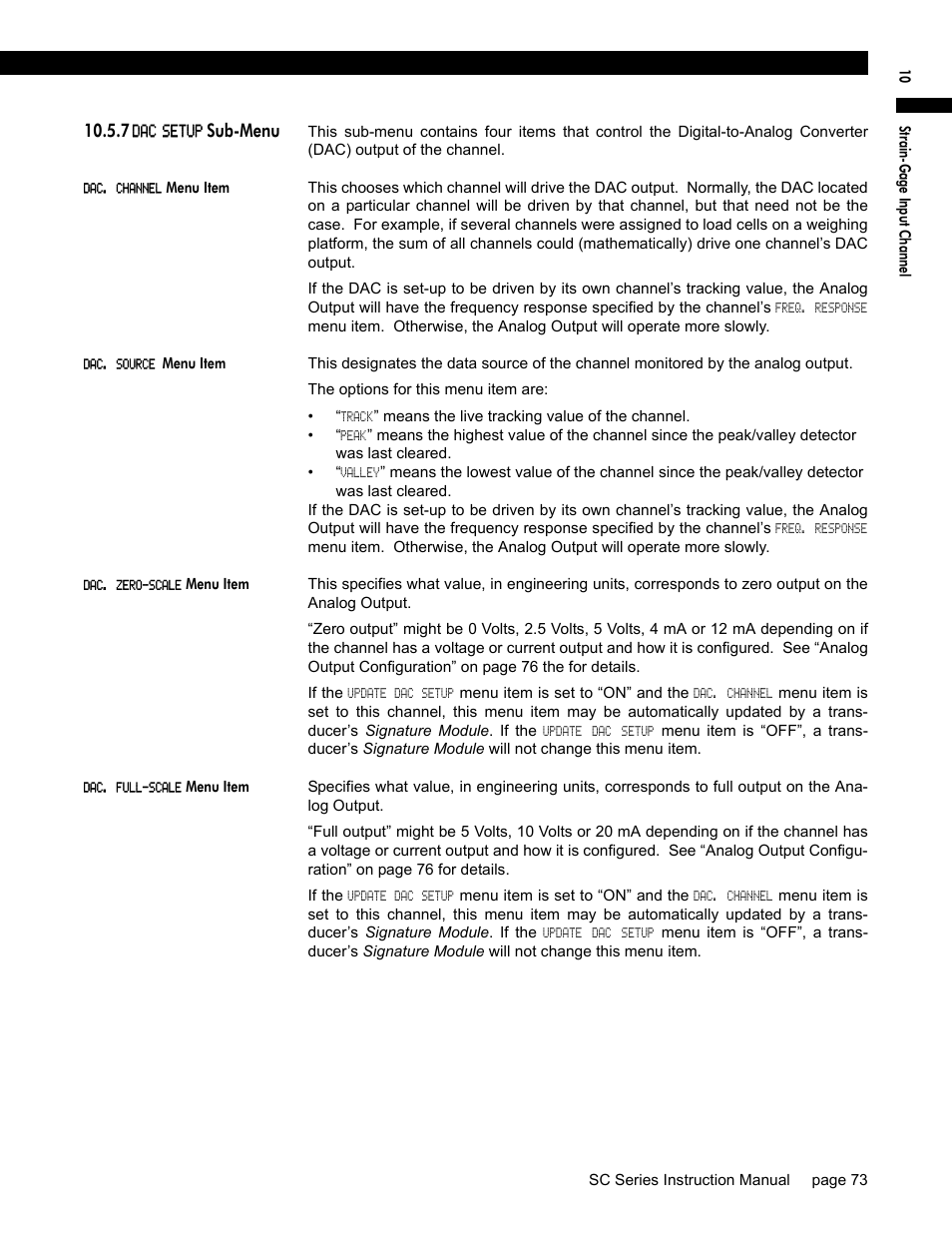 7 dac setup sub-menu, Dac. channel menu item, Dac. source menu item | Dac. zero-scale menu item, Dac. full-scale menu item, Sub-menu | Honeywell SC1000 User Manual | Page 73 / 174