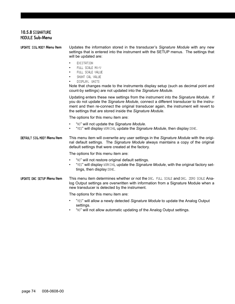 8 signature module sub-menu, Update sig.mod? menu item, Default sig.mod? menu item | Update dac setup menu item, Sub-menu | Honeywell SC1000 User Manual | Page 74 / 174