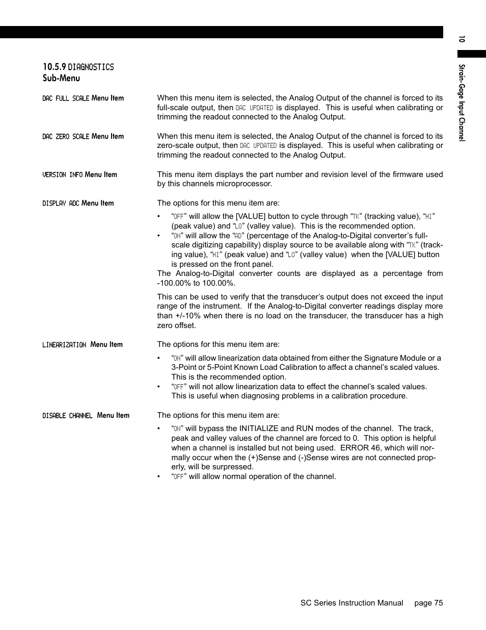 9 diagnostics sub-menu, Dac full scale menu item, Dac zero scale menu item | Version info menu item, Display adc menu item, Linearization menu item, Disable channel menu item, Sub-menu | Honeywell SC1000 User Manual | Page 75 / 174