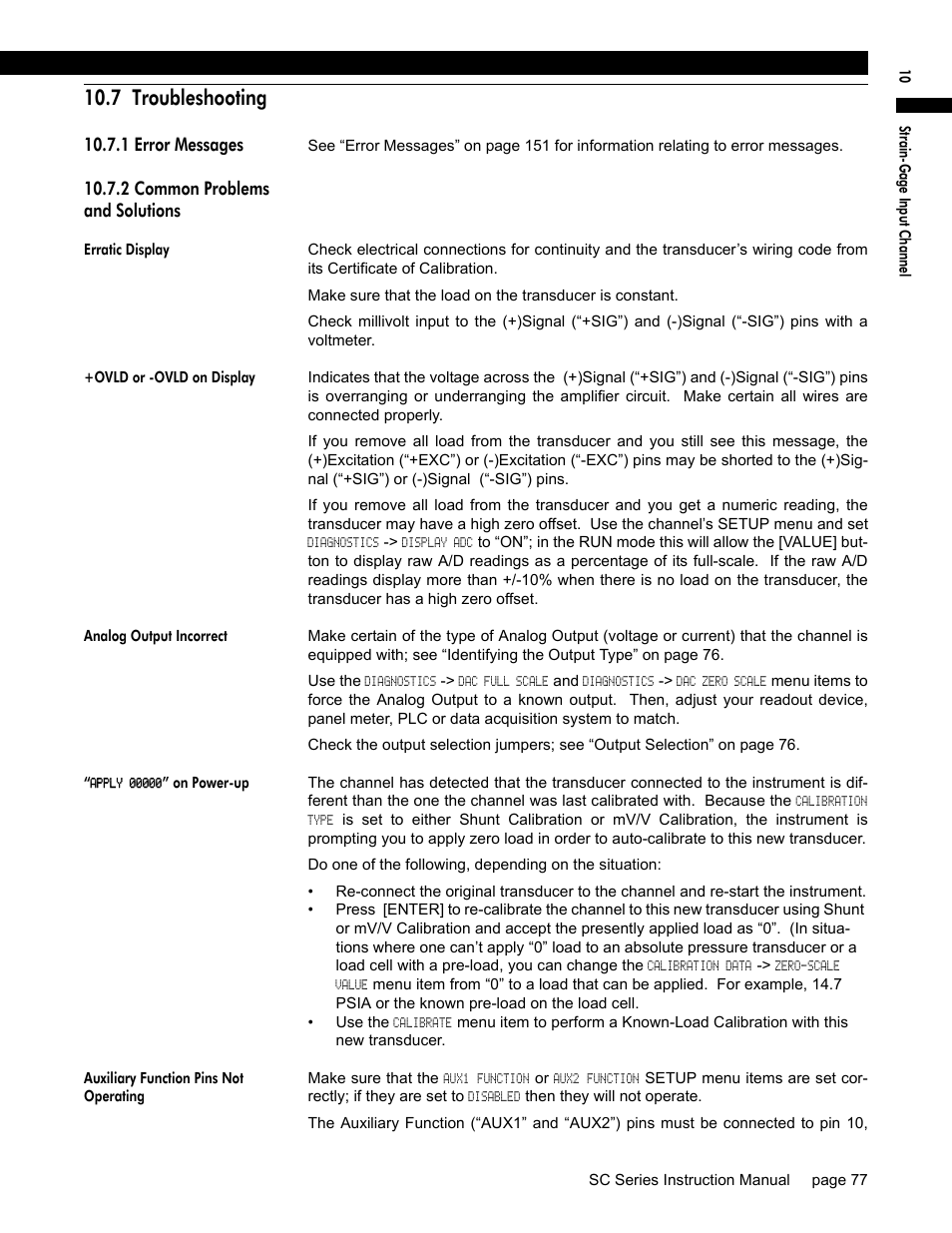 7 troubleshooting, 1 error messages, 2 common problems and solutions | Erratic display, Ovld or -ovld on display, Analog output incorrect, Apply 00000” on power-up, Auxiliary function pins not operating | Honeywell SC1000 User Manual | Page 77 / 174