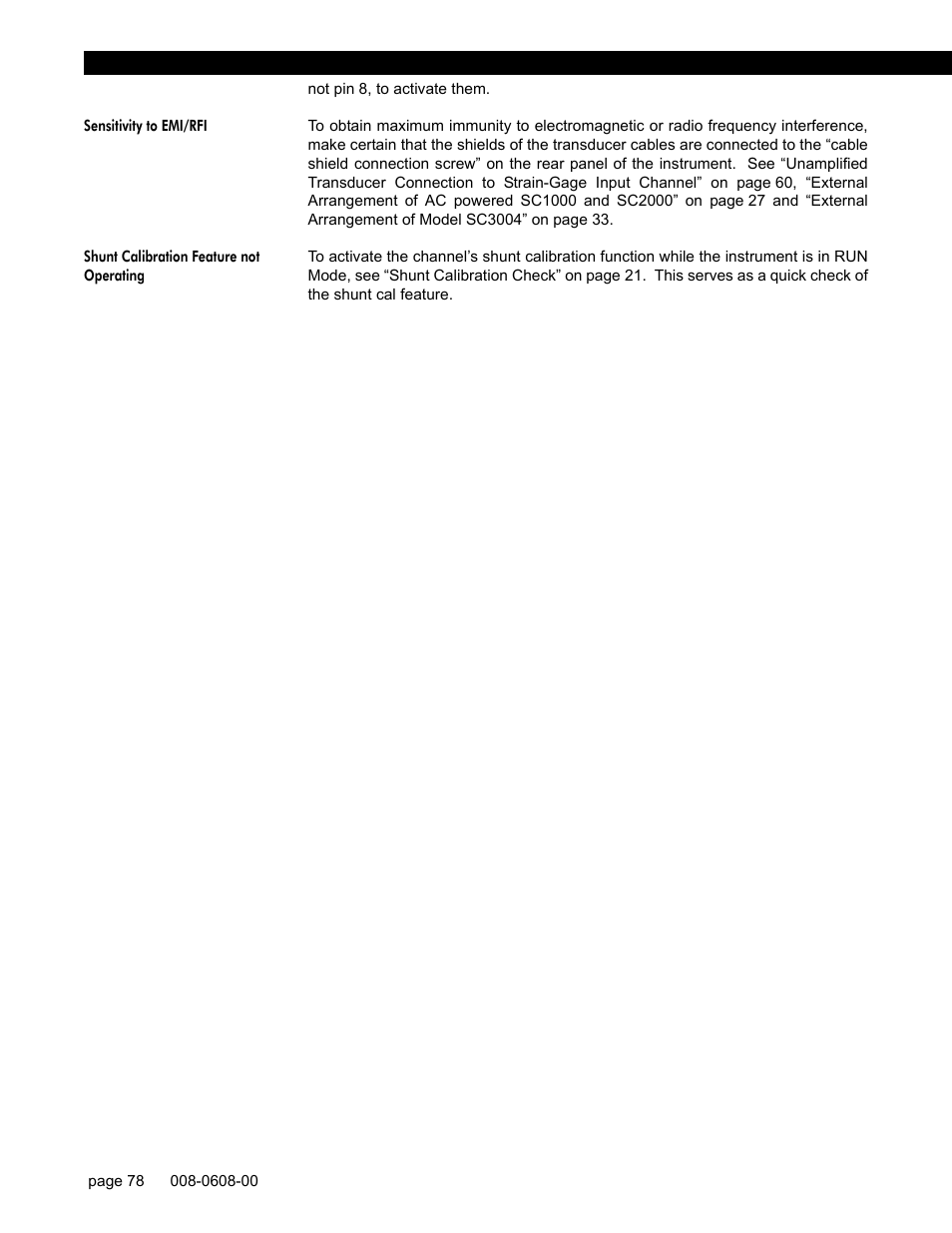 Sensitivity to emi/rfi, Shunt calibration feature not operating | Honeywell SC1000 User Manual | Page 78 / 174