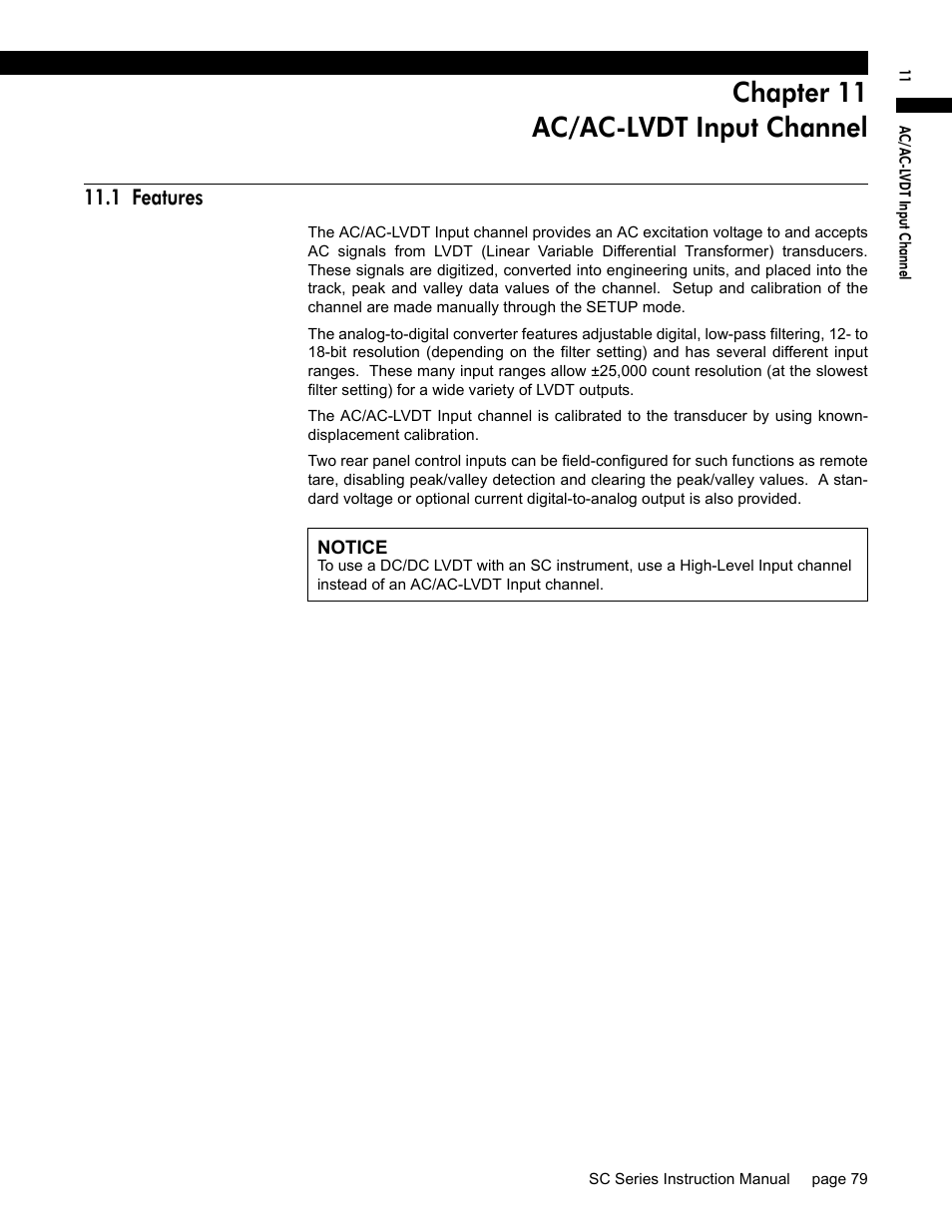 Chapter 11 ac/ac-lvdt input channel, 1 features, Chapter 11, “ac/ac-lvdt input channel | Honeywell SC1000 User Manual | Page 79 / 174