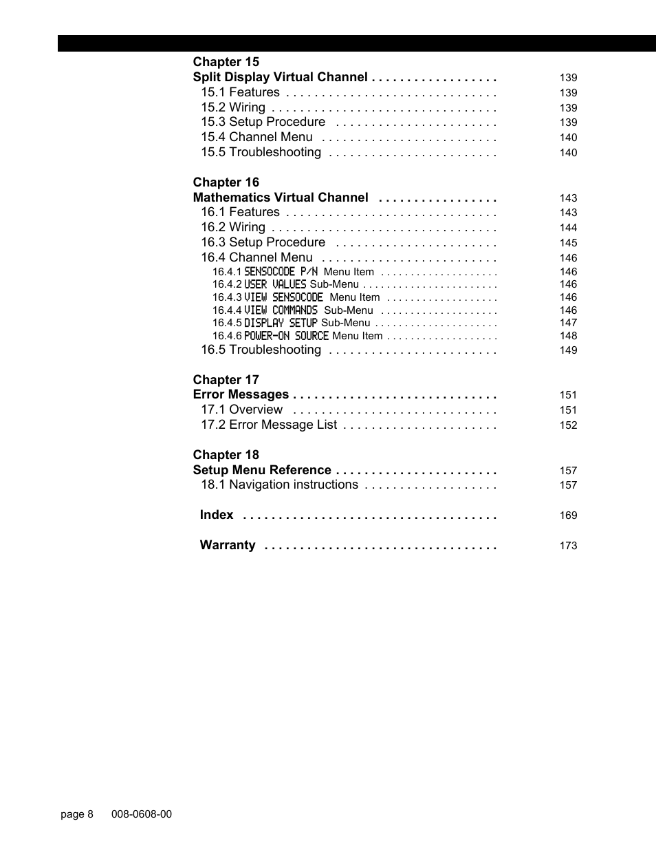 Chapter 15 split display virtual channel 139, Chapter 16 mathematics virtual channel 143, Chapter 17 error messages 151 | Chapter 18 setup menu reference 157, Index 169, Warranty 173 | Honeywell SC1000 User Manual | Page 8 / 174