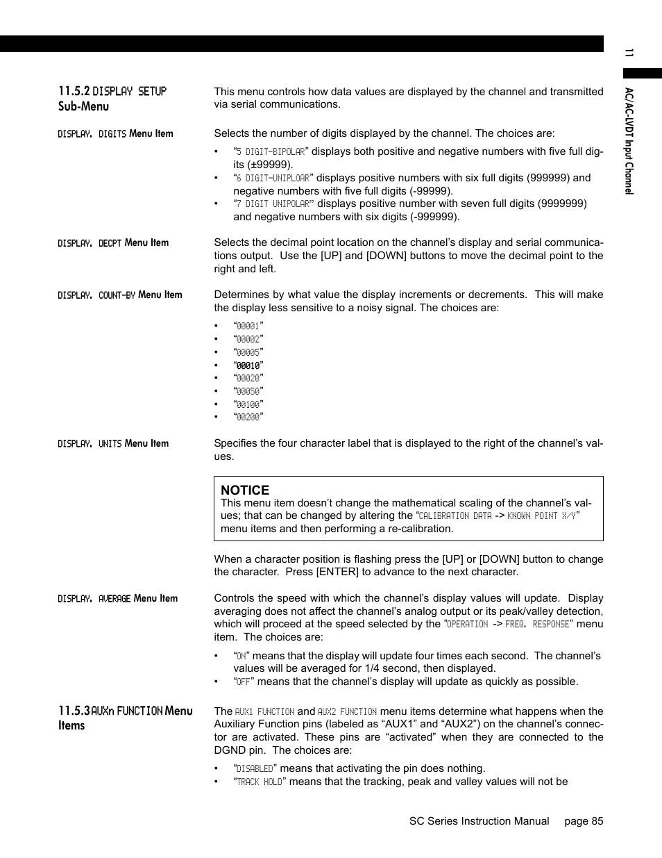 2 display setup sub-menu, Display. digits menu item, Display. decpt menu item | Display. count-by menu item, Display. units menu item, Display. average menu item, 3 auxn function menu items, Sub-menu, Menu items, Notice | Honeywell SC1000 User Manual | Page 85 / 174