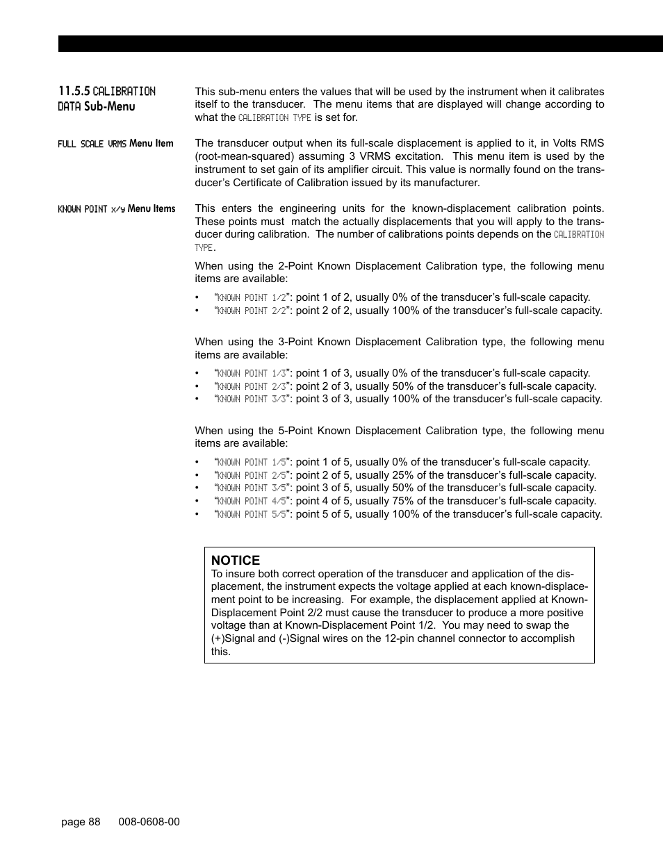 5 calibration data sub-menu, Full scale vrms menu item, Known point x/y menu items | Sub-menu, Notice | Honeywell SC1000 User Manual | Page 88 / 174