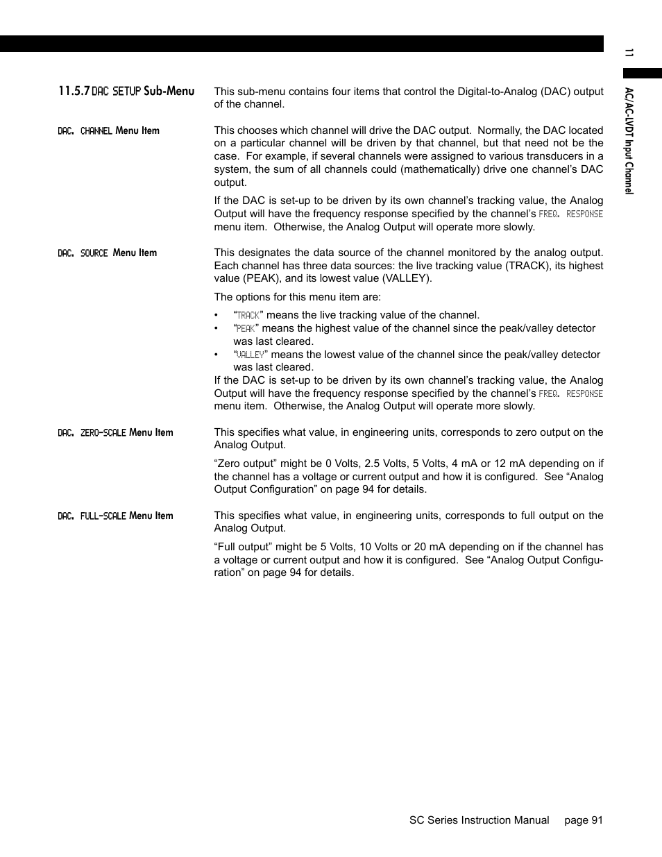 7 dac setup sub-menu, Dac. channel menu item, Dac. source menu item | Dac. zero-scale menu item, Dac. full-scale menu item | Honeywell SC1000 User Manual | Page 91 / 174