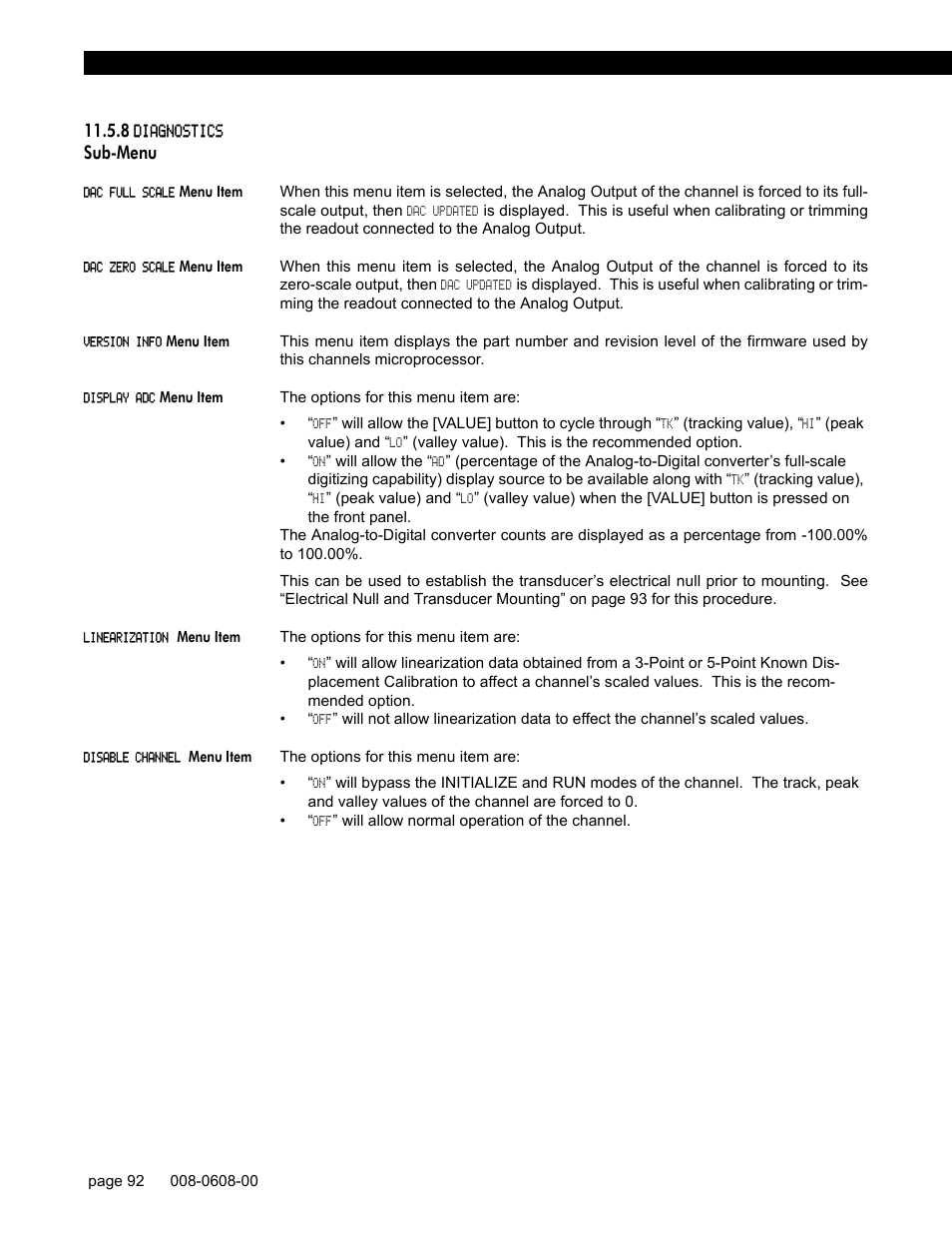 8 diagnostics sub-menu, Dac full scale menu item, Dac zero scale menu item | Version info menu item, Display adc menu item, Linearization menu item, Disable channel menu item, Sub-menu | Honeywell SC1000 User Manual | Page 92 / 174