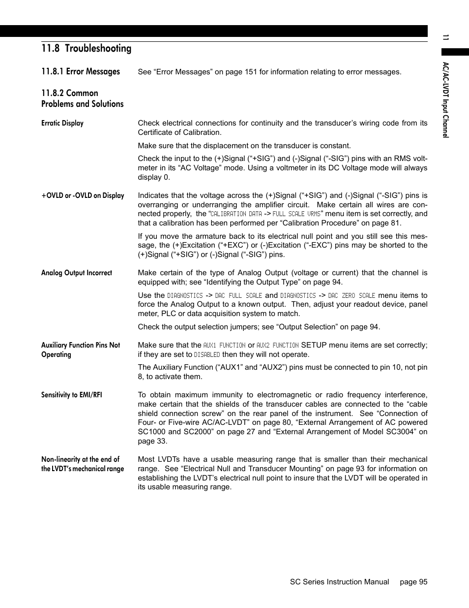 8 troubleshooting, 1 error messages, 2 common problems and solutions | Erratic display, Ovld or -ovld on display, Analog output incorrect, Auxiliary function pins not operating, Sensitivity to emi/rfi | Honeywell SC1000 User Manual | Page 95 / 174