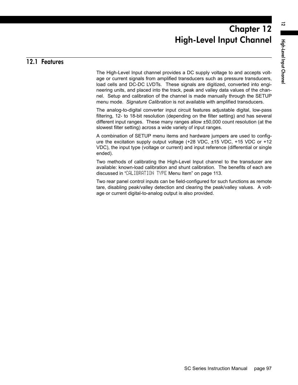 Chapter 12 high-level input channel, 1 features, Chapter 12, “high-level input channel | Honeywell SC1000 User Manual | Page 97 / 174