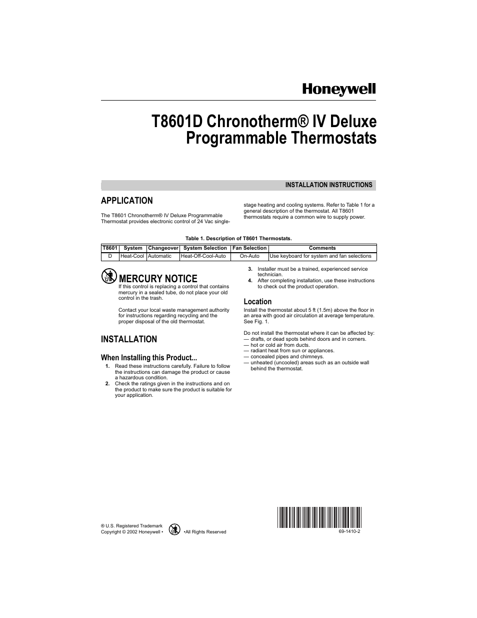 Honeywell Chronotherm IV T8601D User Manual | 12 pages