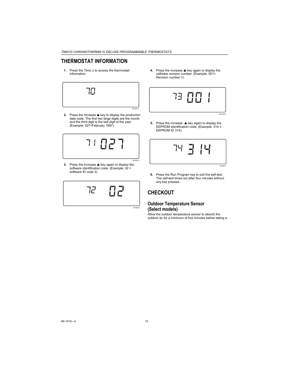 Thermostat information, Checkout, Outdoor temperature sensor (select models) | Honeywell Chronotherm IV T8601D User Manual | Page 10 / 12