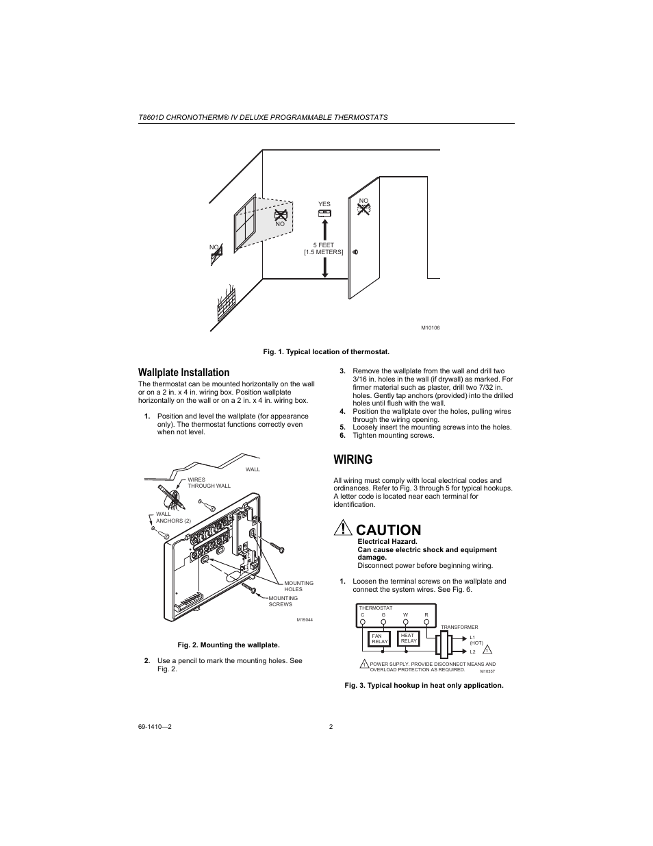 Wallplate installation, Wiring, Caution | Honeywell Chronotherm IV T8601D User Manual | Page 2 / 12