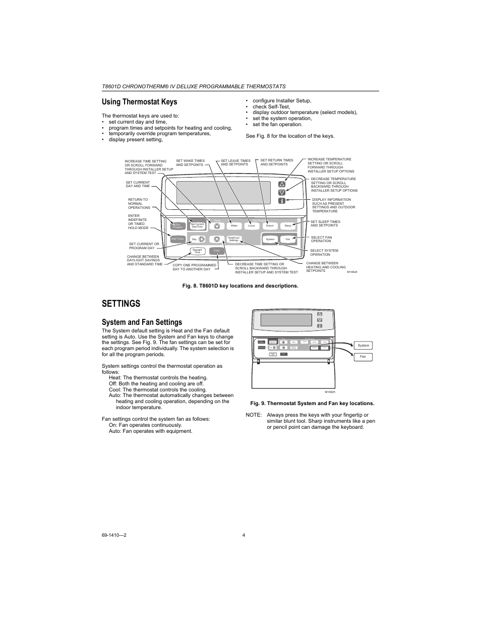 Using thermostat keys, Settings, System and fan settings | Honeywell Chronotherm IV T8601D User Manual | Page 4 / 12