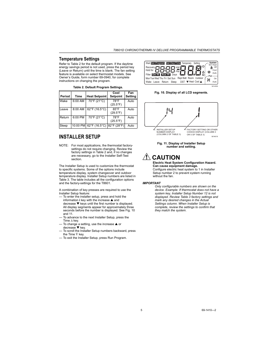 Temperature settings, Installer setup, Caution | Honeywell Chronotherm IV T8601D User Manual | Page 5 / 12