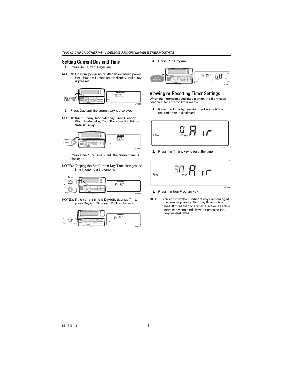 Setting current day and time, Viewing or resetting timer settings | Honeywell Chronotherm IV T8601D User Manual | Page 8 / 12