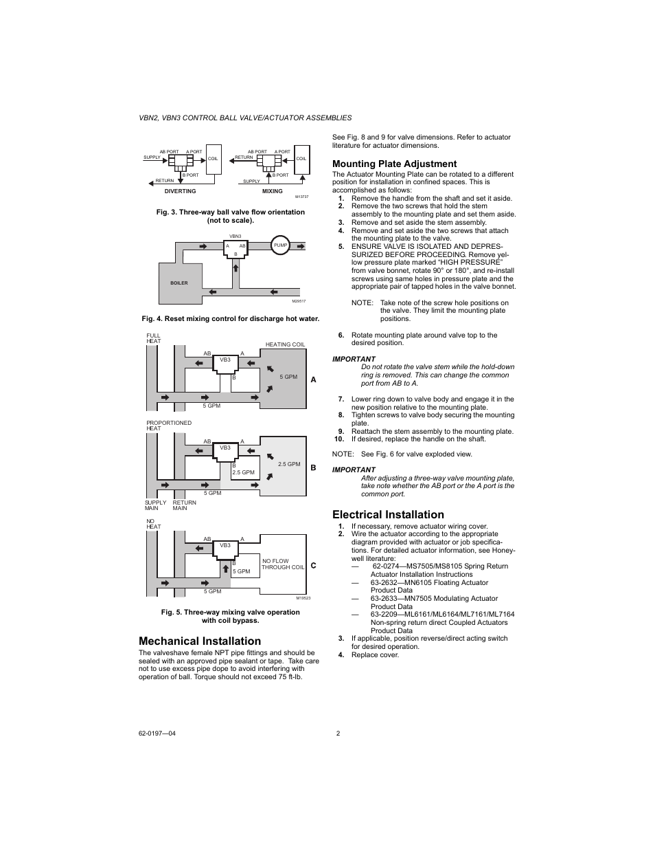 Mechanical installation, Electrical installation, Mounting plate adjustment | Honeywell VBN2 User Manual | Page 2 / 4