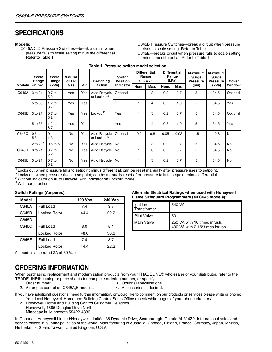 Specifications, Ordering information | Honeywell C645A-E User Manual | Page 2 / 8
