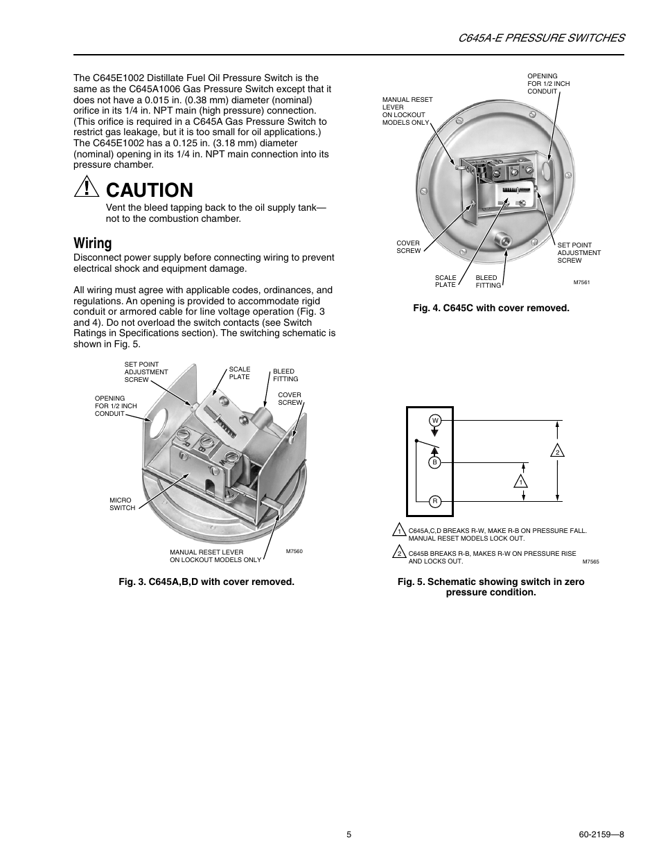 Caution, Wiring, C645a-e pressure switches | Honeywell C645A-E User Manual | Page 5 / 8