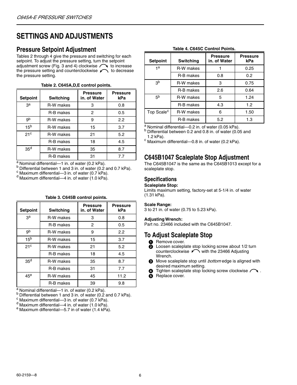 Settings and adjustments, Pressure setpoint adjustment, Specifications | Honeywell C645A-E User Manual | Page 6 / 8