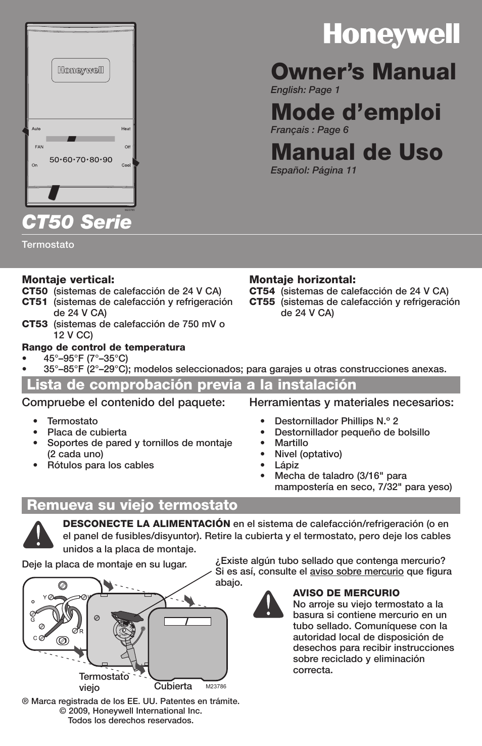 Owner’s manual, Mode d’emploi, Manual de uso | Ct50 serie, Lista de comprobación previa a la instalación, Remueva su viejo termostato | Honeywell CT50 User Manual | Page 11 / 16