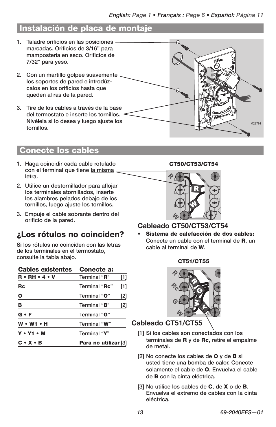 Instalación de placa de montaje, Conecte los cables, Los rótulos no coinciden | Cableado ct51/ct55 | Honeywell CT50 User Manual | Page 13 / 16