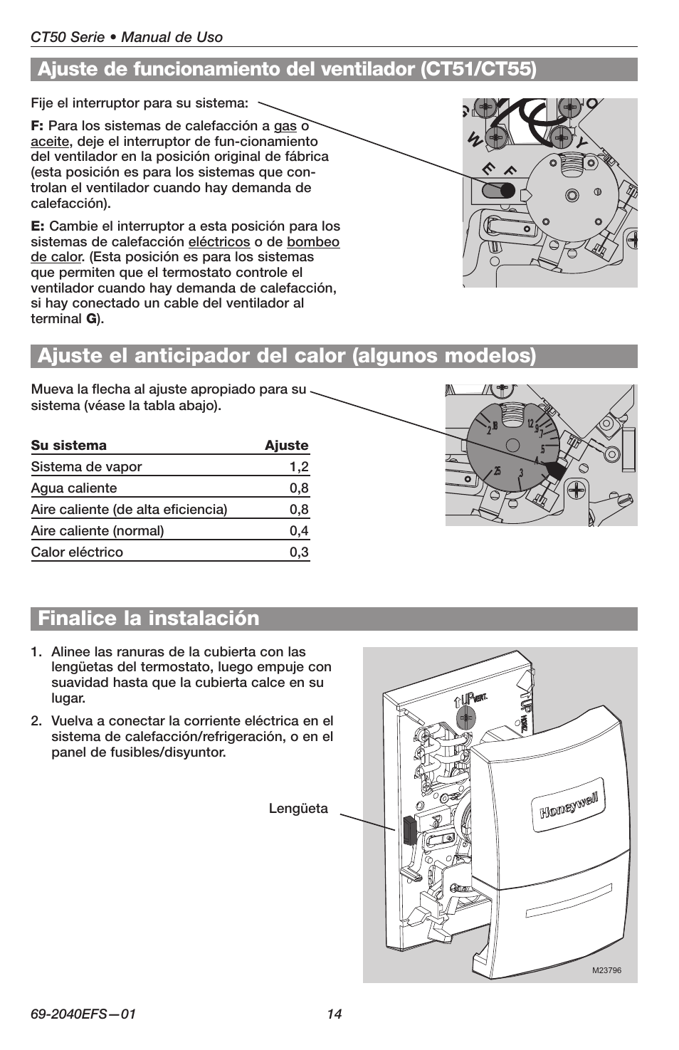 Finalice la instalación, Ajuste el anticipador del calor (algunos modelos) | Honeywell CT50 User Manual | Page 14 / 16