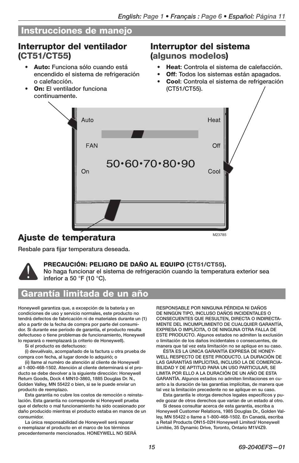 Instrucciones de manejo, Garantía limitada de un año, Interruptor del ventilador ( ct51/ct55 ) | Interruptor del sistema ( algunos modelos ), Ajuste de temperatura | Honeywell CT50 User Manual | Page 15 / 16