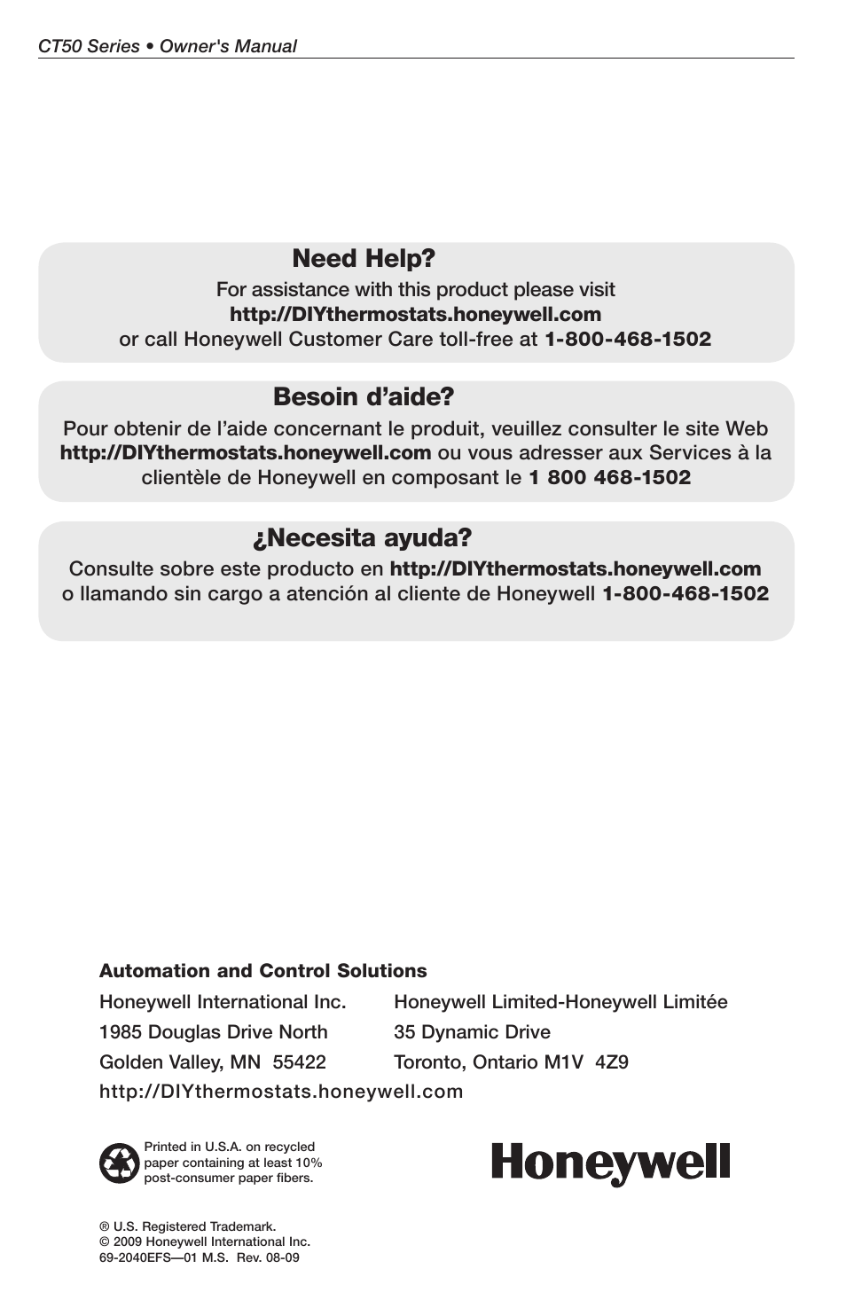 Need help, Besoin d’aide, Necesita ayuda | Honeywell CT50 User Manual | Page 16 / 16