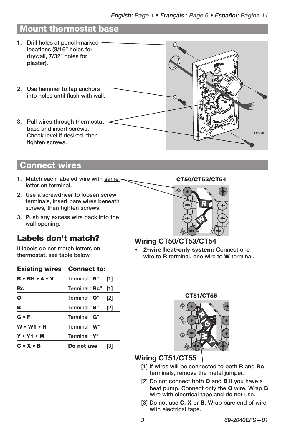 Mount thermostat base, Connect wires, Labels don't match | Wiring ct51/ct55 | Honeywell CT50 User Manual | Page 3 / 16