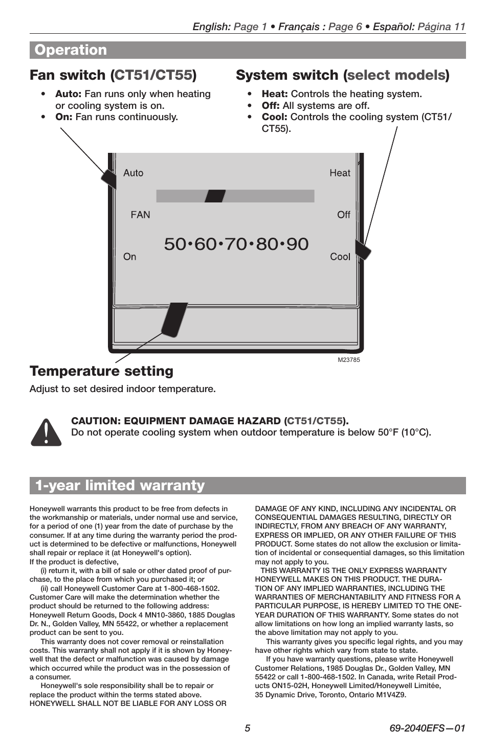 Operation, Year limited warranty, Fan switch ( ct51/ct55 ) | System switch ( select models ), Temperature setting | Honeywell CT50 User Manual | Page 5 / 16