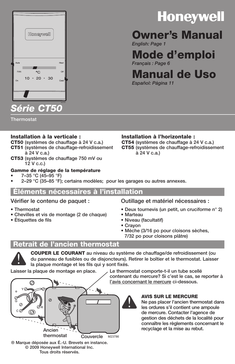 Owner’s manual, Mode d’emploi, Manual de uso | Série ct50 | Honeywell CT50 User Manual | Page 6 / 16