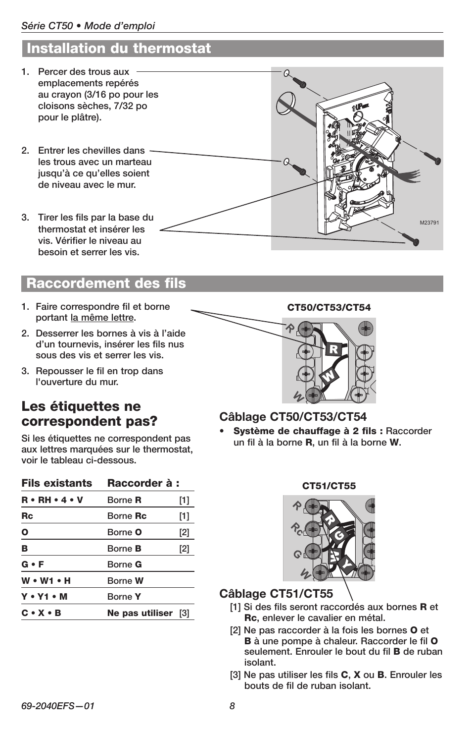 Installation du thermostat, Raccordement des fils, Les étiquettes ne correspondent pas | Câblage ct51/ct55 | Honeywell CT50 User Manual | Page 8 / 16