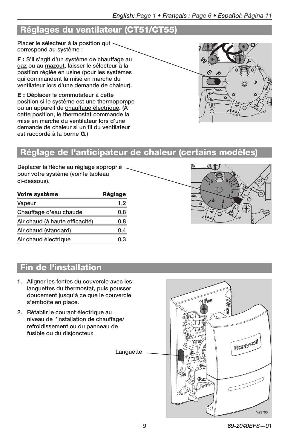Réglages du ventilateur (ct51/ct55) | Honeywell CT50 User Manual | Page 9 / 16