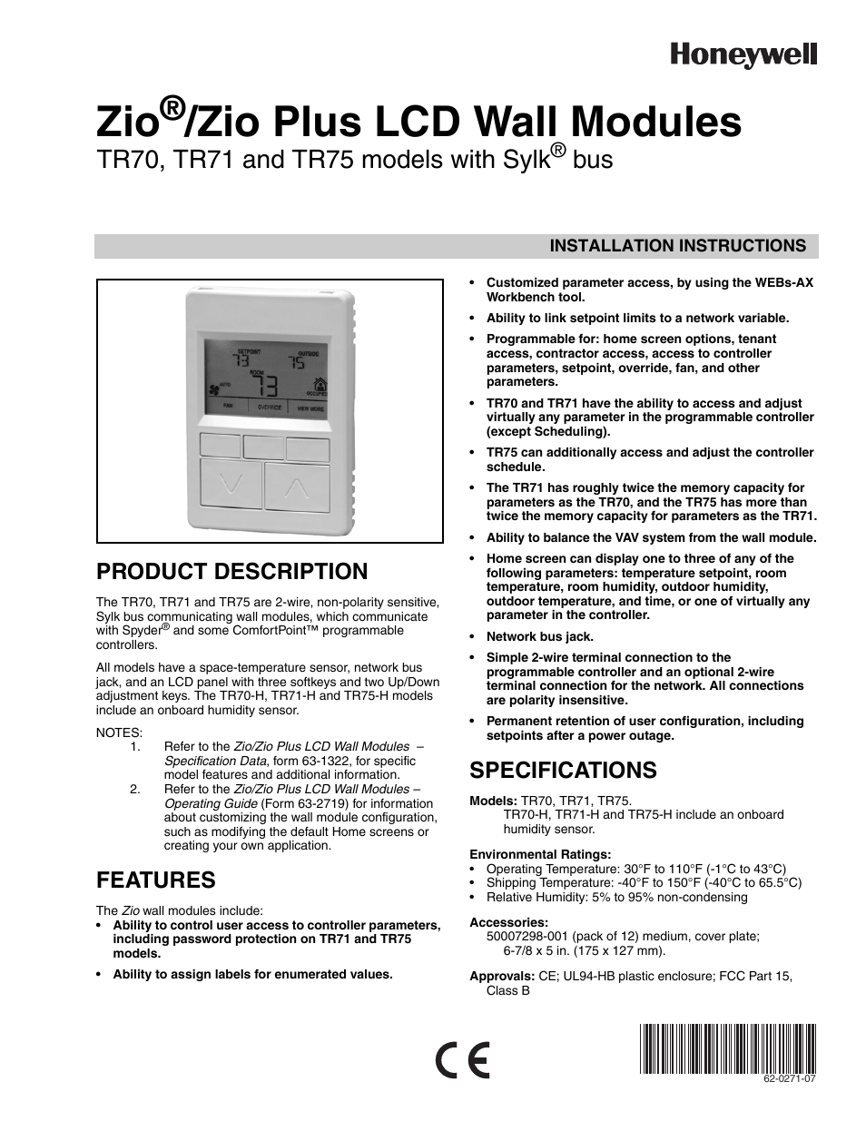 Honeywell ZIO TR75 User Manual | 4 pages