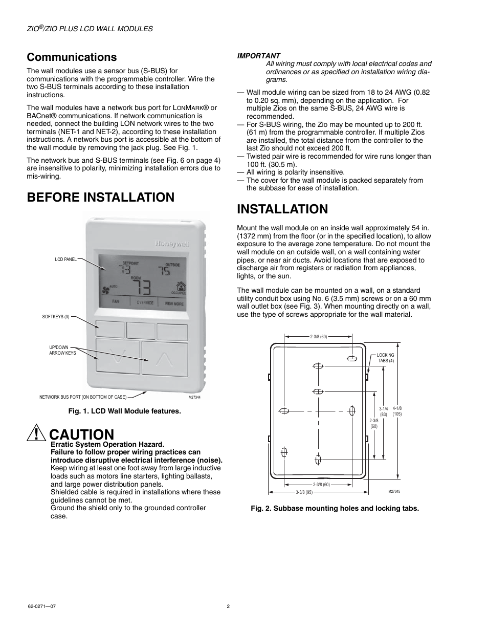 Communications, Before installation, Installation | Caution | Honeywell ZIO TR75 User Manual | Page 2 / 4