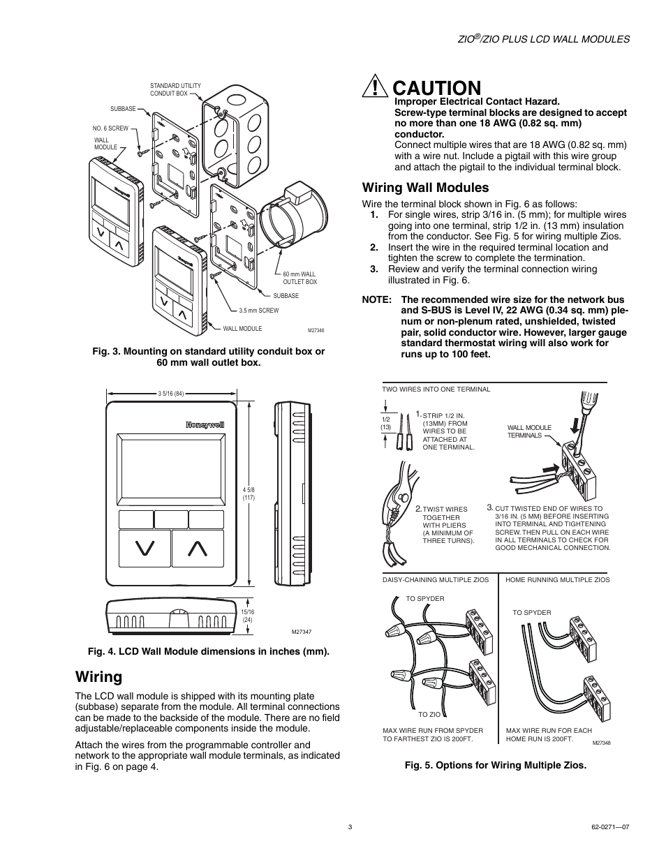 Wiring, Caution, Wiring wall modules | Honeywell ZIO TR75 User Manual | Page 3 / 4