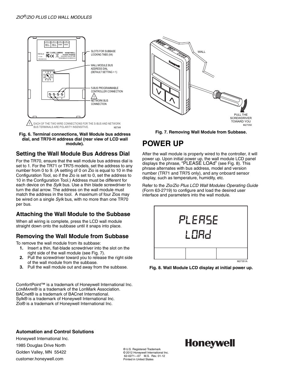 Power up, Fig. 6 a, Fig. 6 | Setting the wall module bus address dial, Attaching the wall module to the subbase, Removing the wall module from subbase, Automation and control solutions, Please load | Honeywell ZIO TR75 User Manual | Page 4 / 4