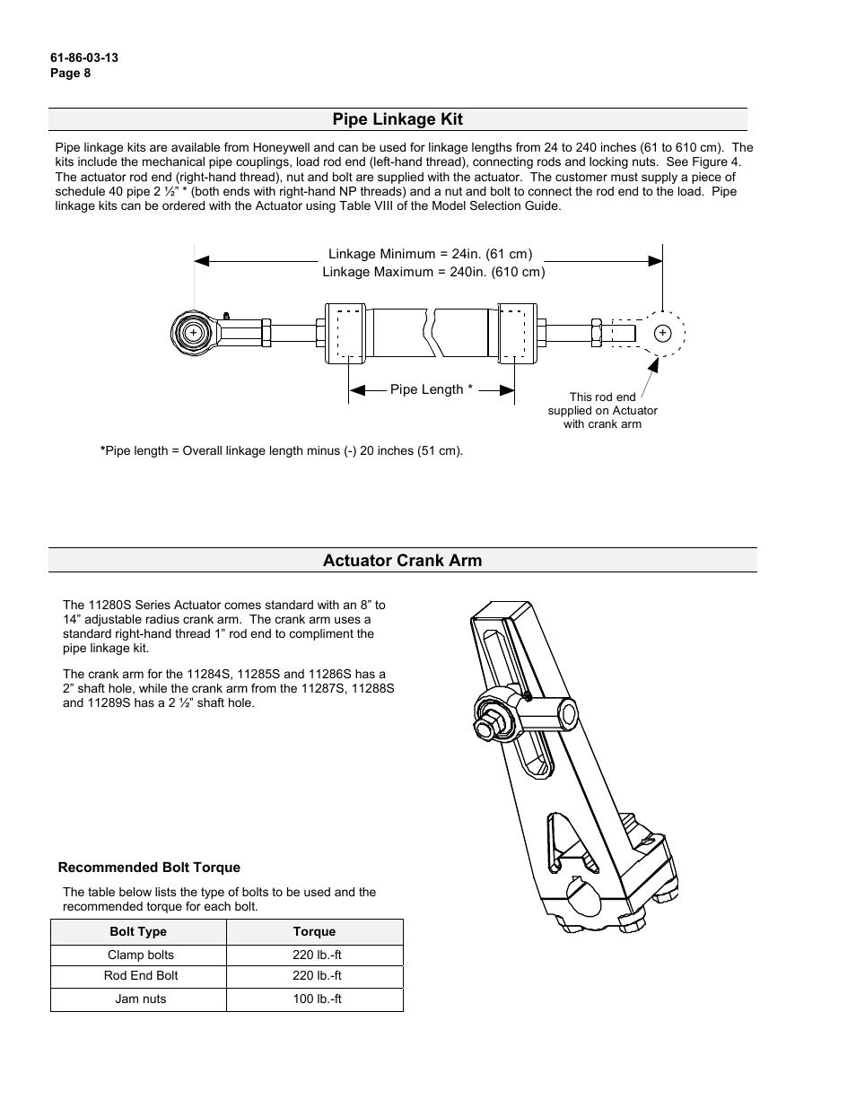 Actuator crank arm, Pipe linkage kit | Honeywell 11280S User Manual | Page 8 / 14