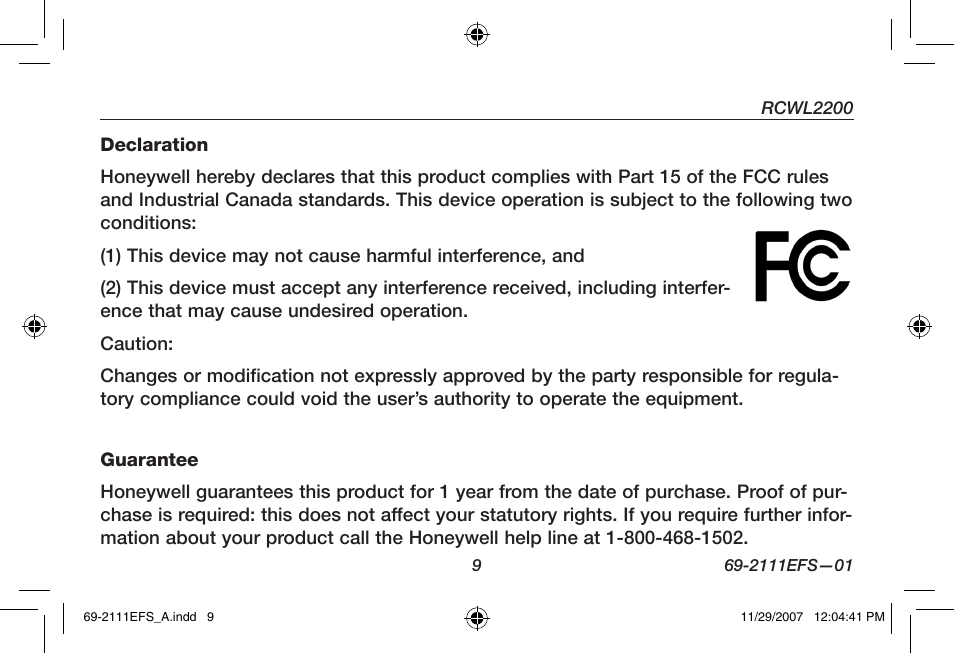 Honeywell RCWL2200A User Manual | Page 11 / 36