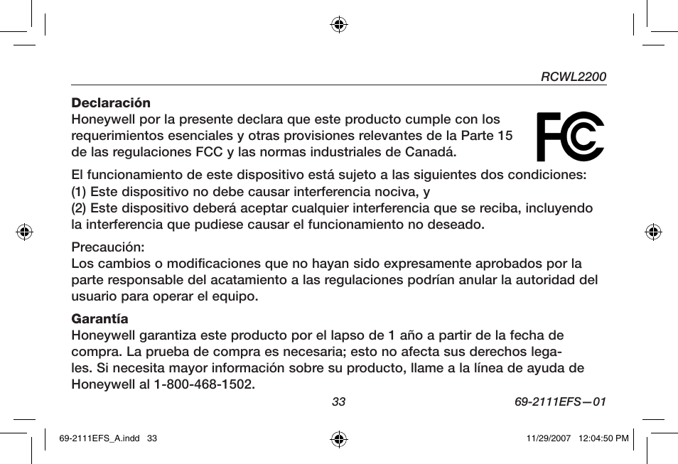 Honeywell RCWL2200A User Manual | Page 35 / 36