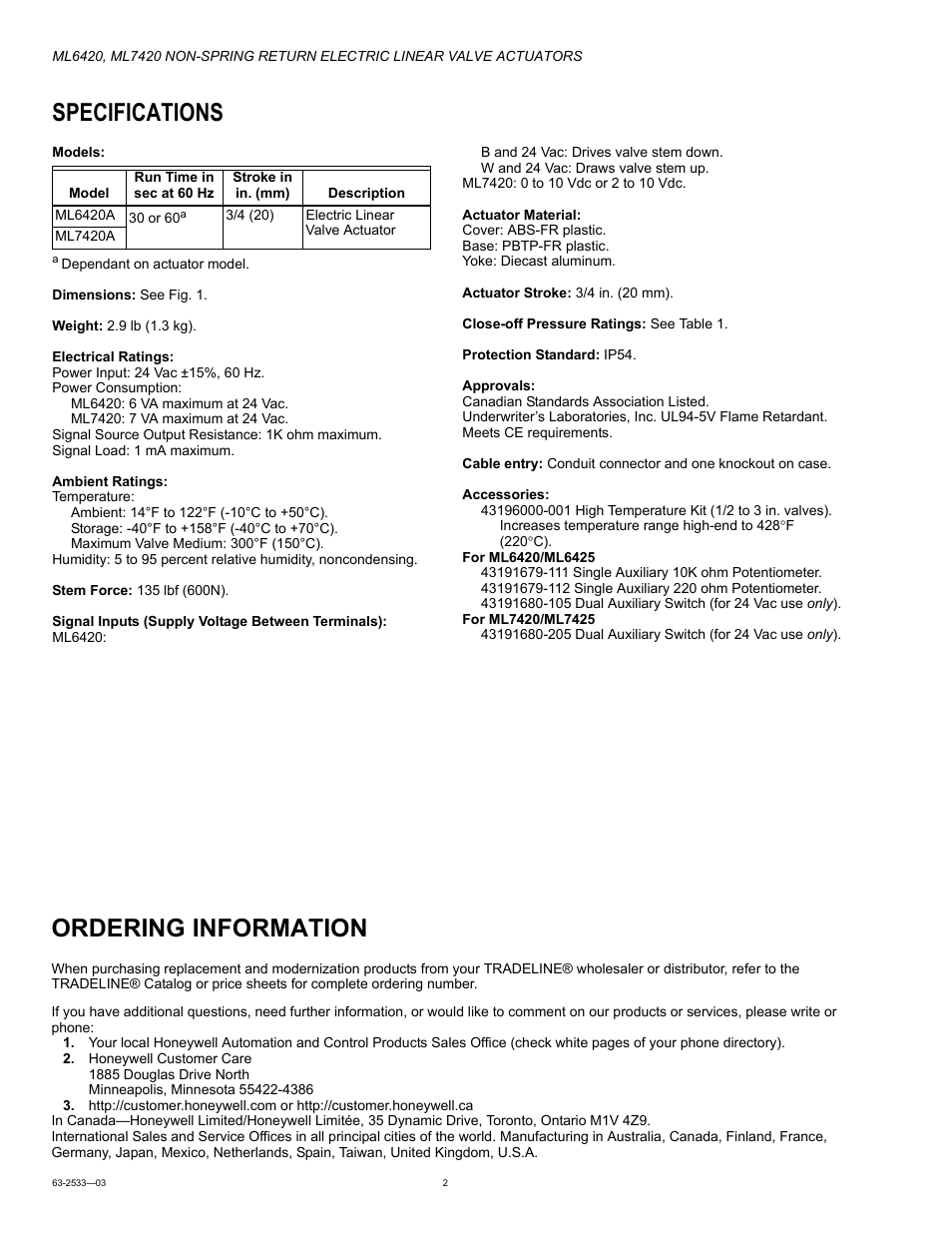 Specifications, Ordering information | Honeywell ML6420 User Manual | Page 2 / 8