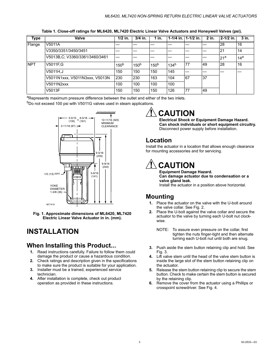 Installation, When installing this product, Location | Mounting, Caution | Honeywell ML6420 User Manual | Page 3 / 8