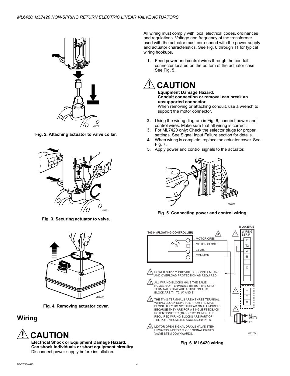 Wiring, Caution | Honeywell ML6420 User Manual | Page 4 / 8