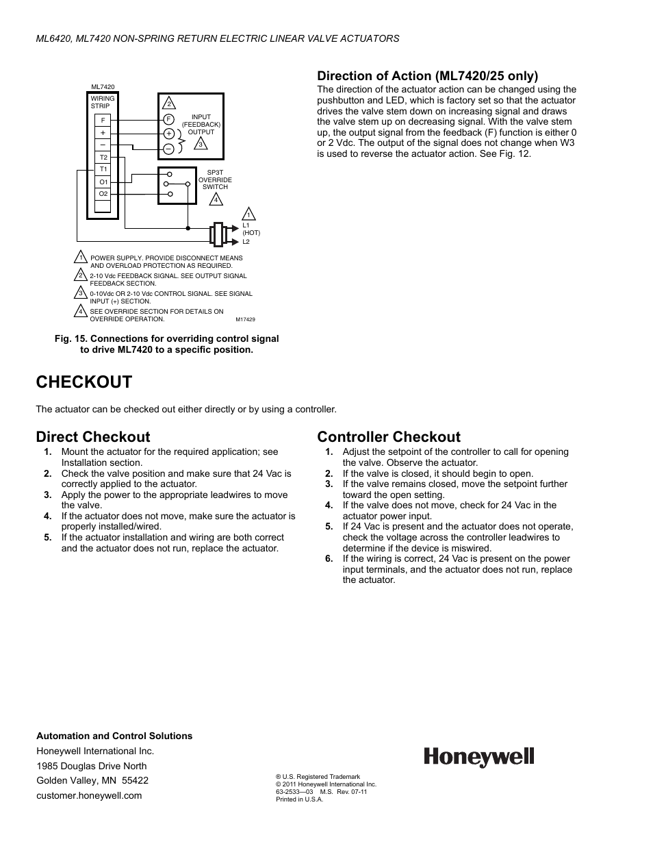 Checkout, Direct checkout, Controller checkout | Honeywell ML6420 User Manual | Page 8 / 8