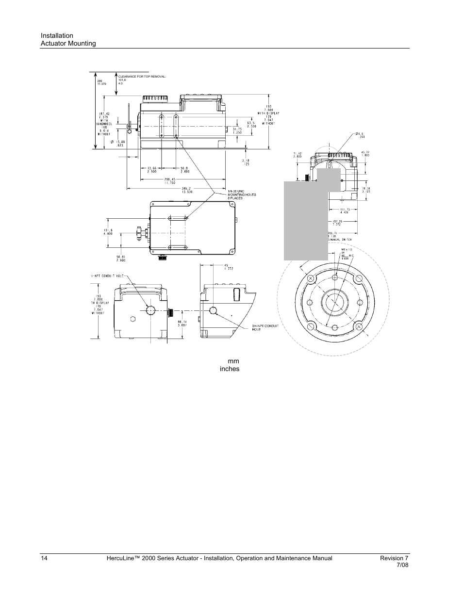 Figure 3 outline and dimensions of herculine, 2000 series actuators | Honeywell HERCULINE 2000 User Manual | Page 22 / 128