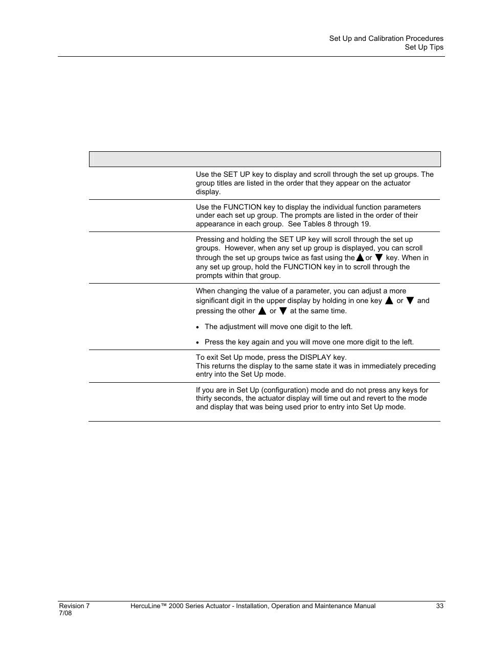 Set up tips, Table 7 set up tips | Honeywell HERCULINE 2000 User Manual | Page 41 / 128