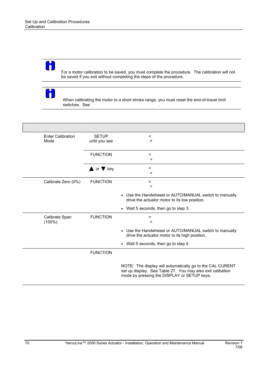 Table 26 motor calibration procedure | Honeywell HERCULINE 2000 User Manual | Page 78 / 128