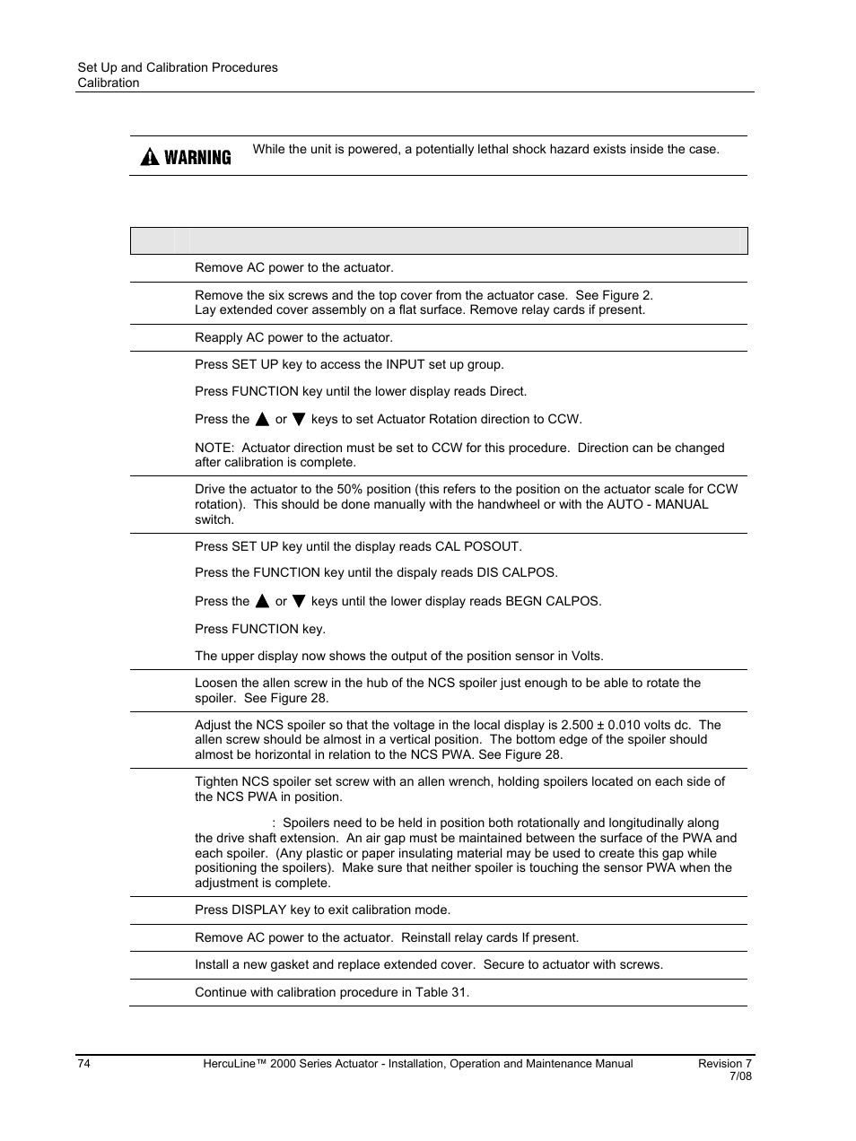 Table 29 ncs position sensor calibration procedure | Honeywell HERCULINE 2000 User Manual | Page 82 / 128