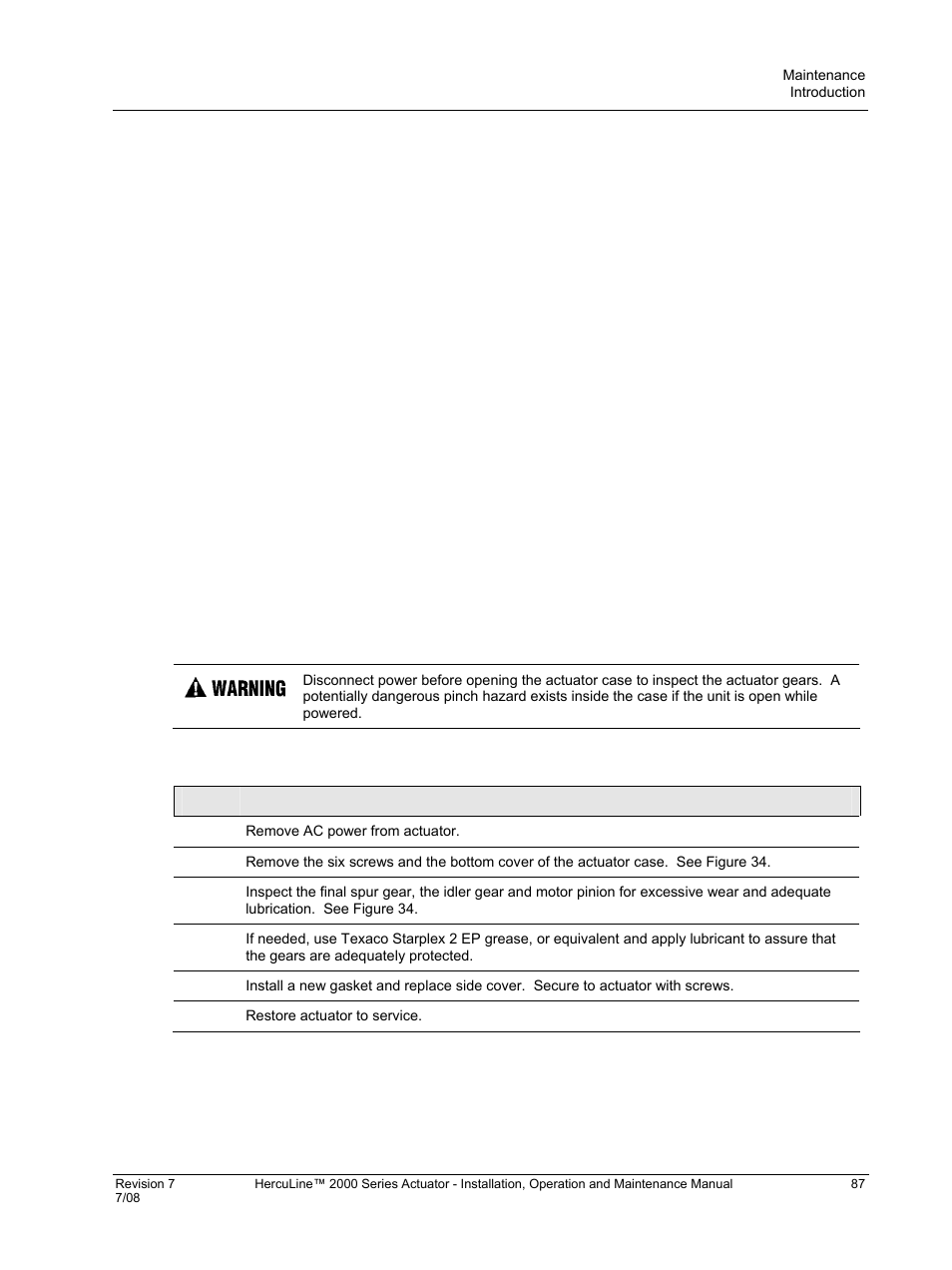 Maintenance, Introduction, Basic maintenance | Table 35 spur gear lubrication procedure | Honeywell HERCULINE 2000 User Manual | Page 95 / 128